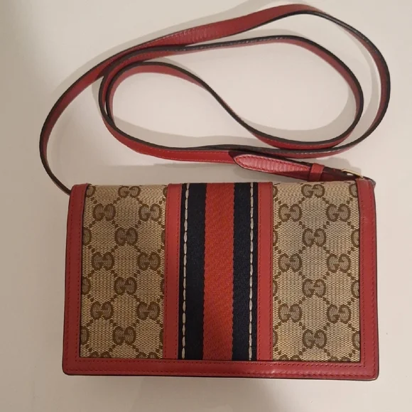 *AUTHENTIC* Gucci Leather Bee Web Wallet On A Strap - Picture 4 of 7